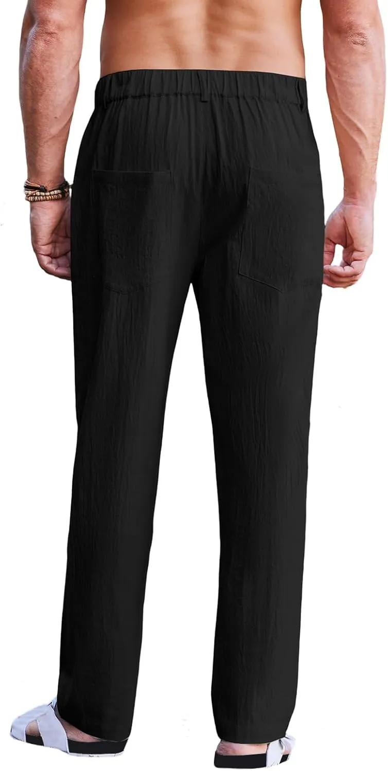 Men's Linen Pants Double Fold Elastic Waist Loose Breathable Solid Color Straight Beach Pants