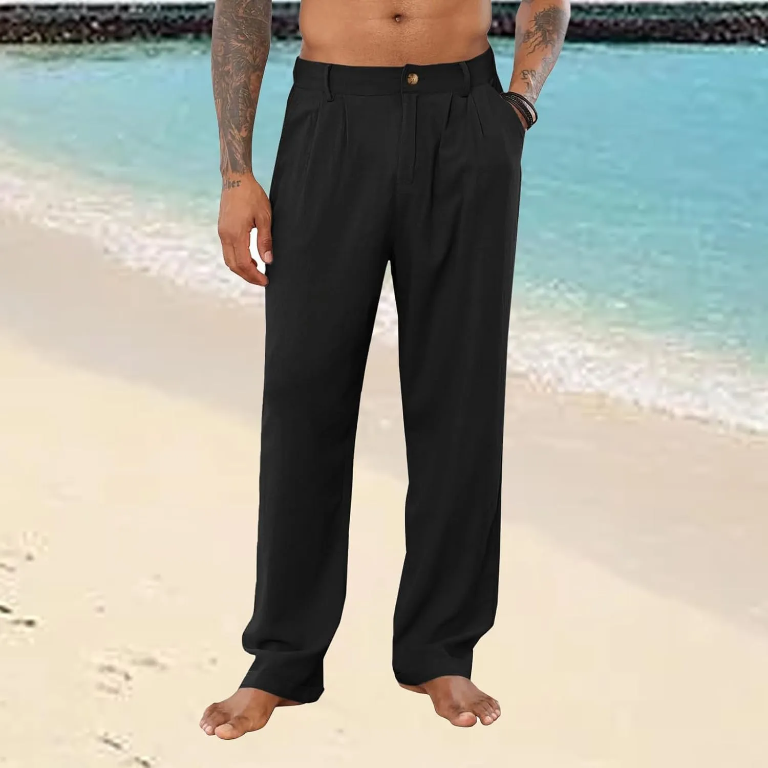 Men's Linen Pants Double Fold Elastic Waist Loose Breathable Solid Color Straight Beach Pants