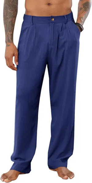 Men's Linen Pants Double Fold Elastic Waist Loose Breathable Solid Color Straight Beach Pants