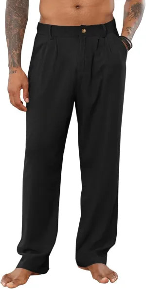 Men's Linen Pants Double Fold Elastic Waist Loose Breathable Solid Color Straight Beach Pants