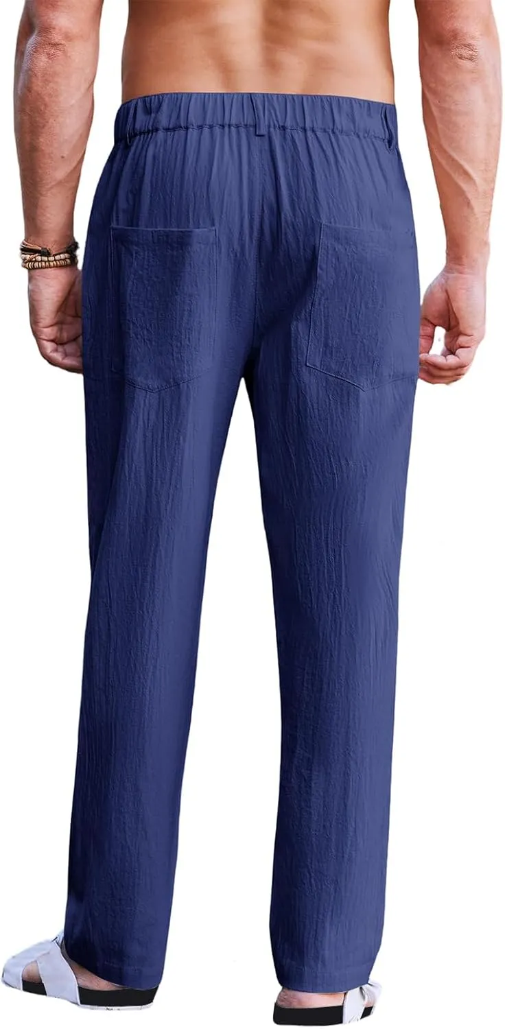 Men's Linen Pants Double Fold Elastic Waist Loose Breathable Solid Color Straight Beach Pants