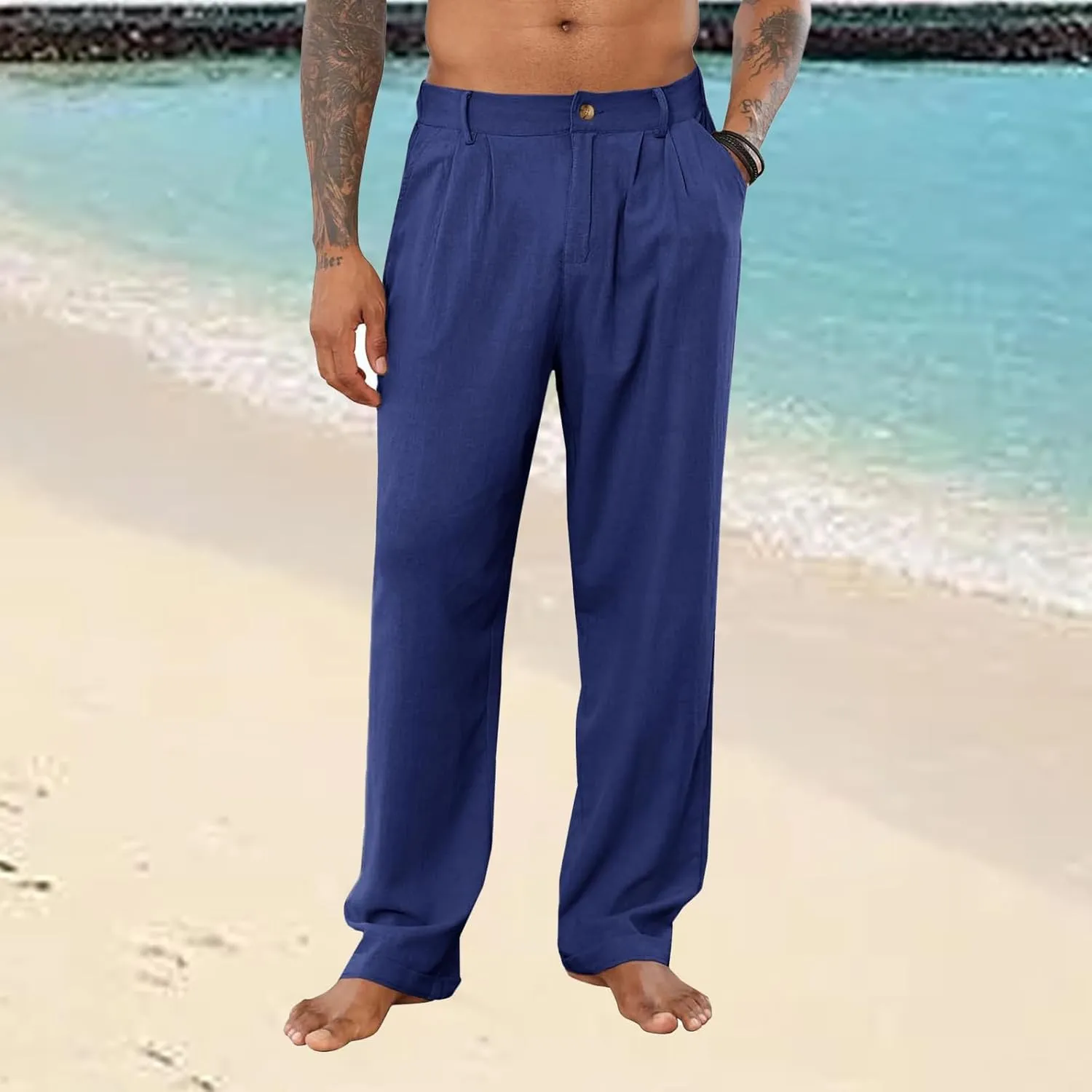 Men's Linen Pants Double Fold Elastic Waist Loose Breathable Solid Color Straight Beach Pants