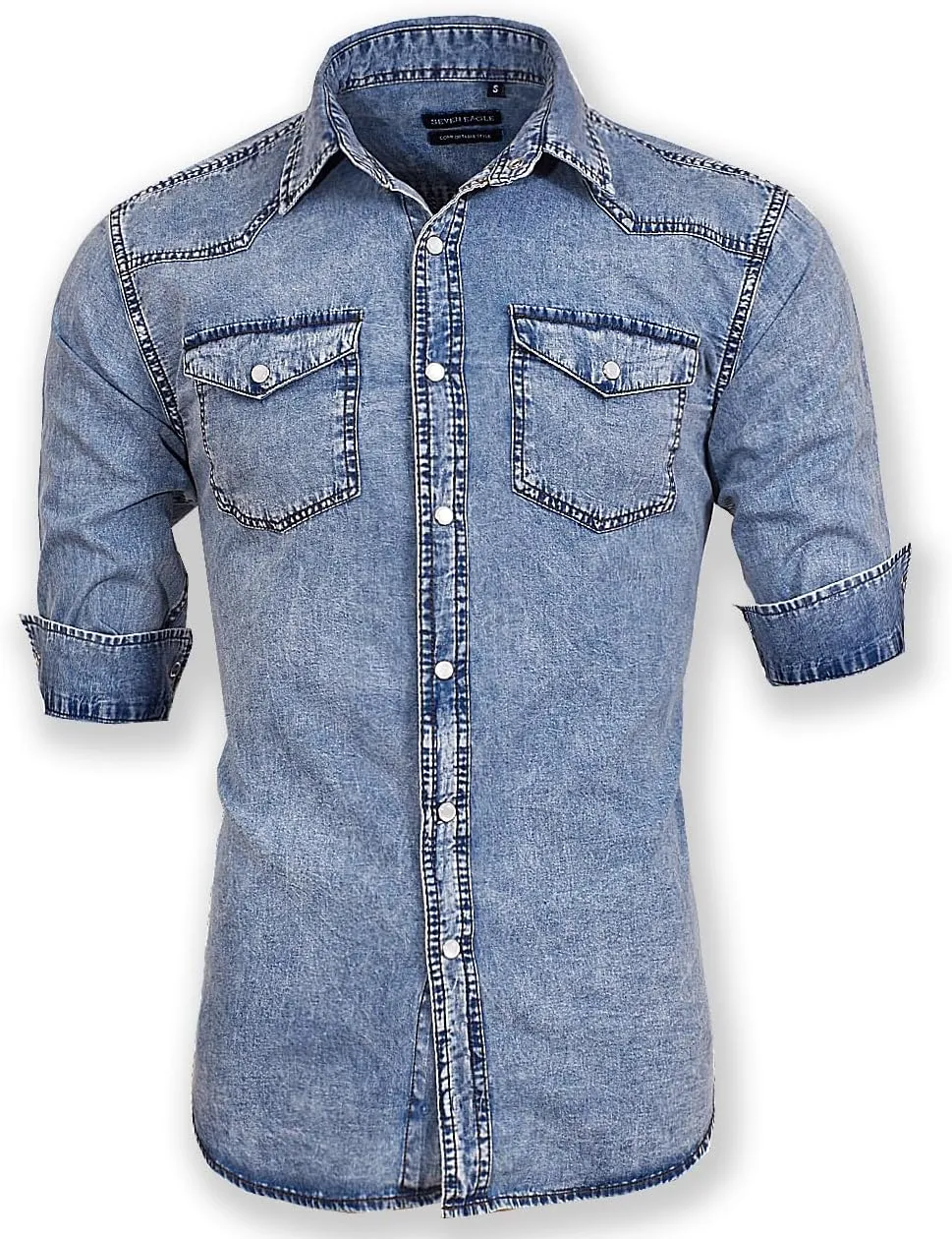 Men's Long Sleeve Double Pocket Snap Denim Shirt