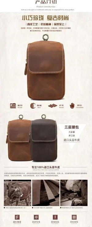 Mens retro leather waist bag, cowhide double-layer belt hanging bag, mobile phone waist bag