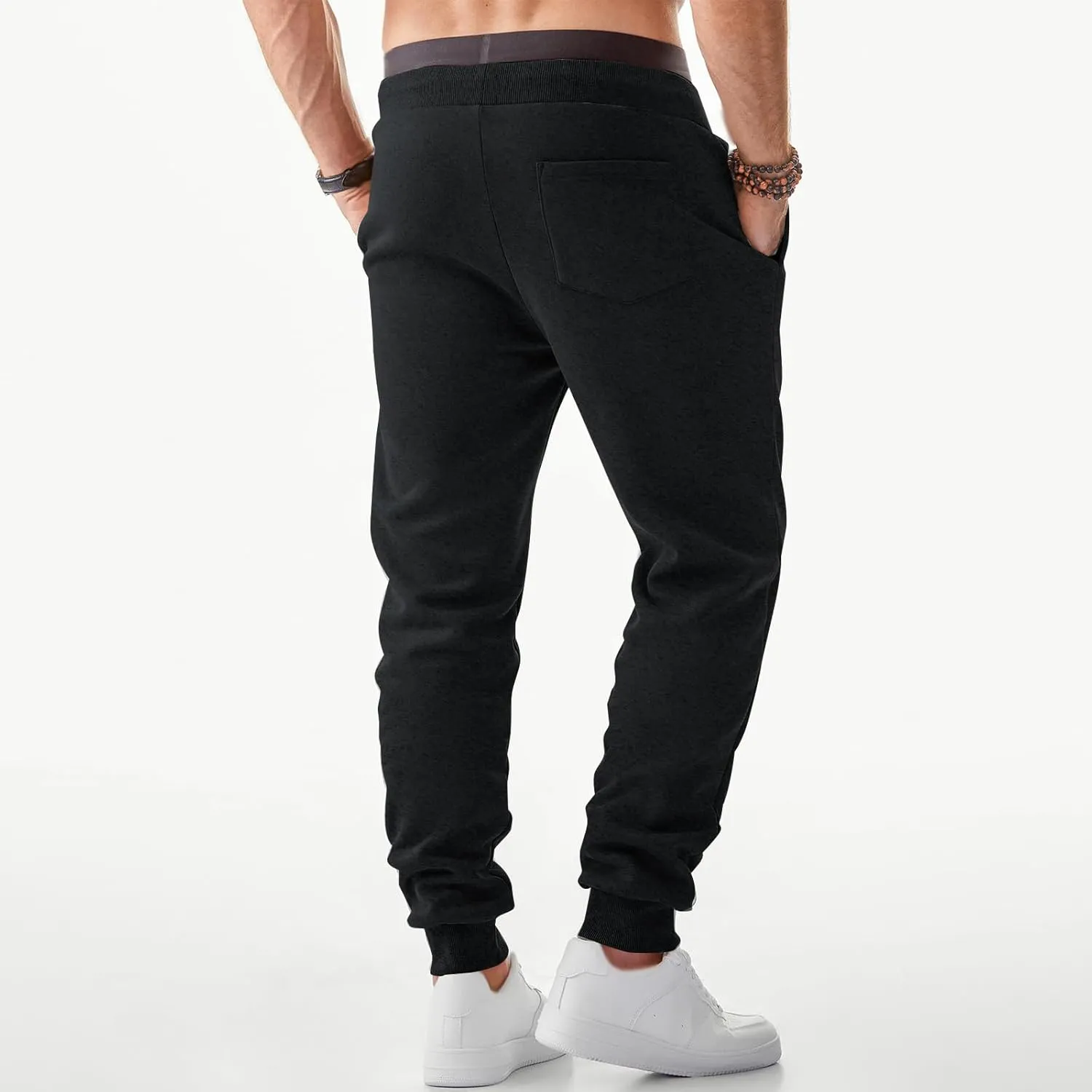 Mens Simple Pants Casual Trendy Elastic Waist Workout Trousers Tapered Heavyweight Work Drawstring Pants with Pockets