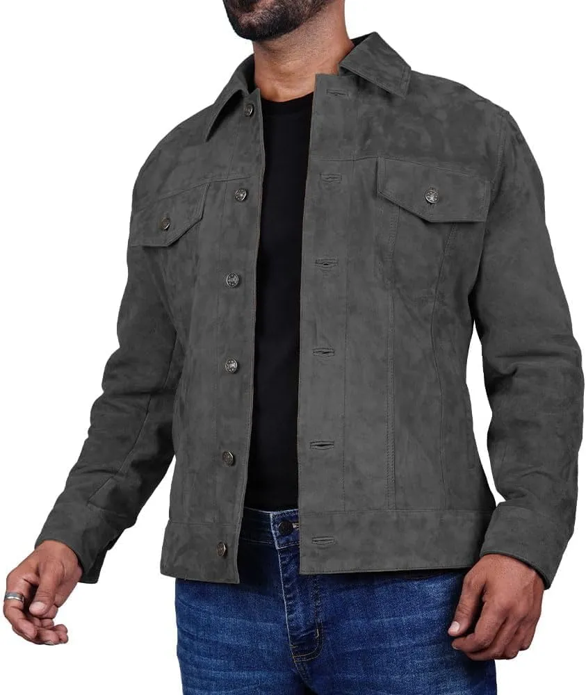 Men's Suede Leather Jacket Real Lambskin Suede Casual Leather Jackets For Men Suede Trucker Coat for Mens