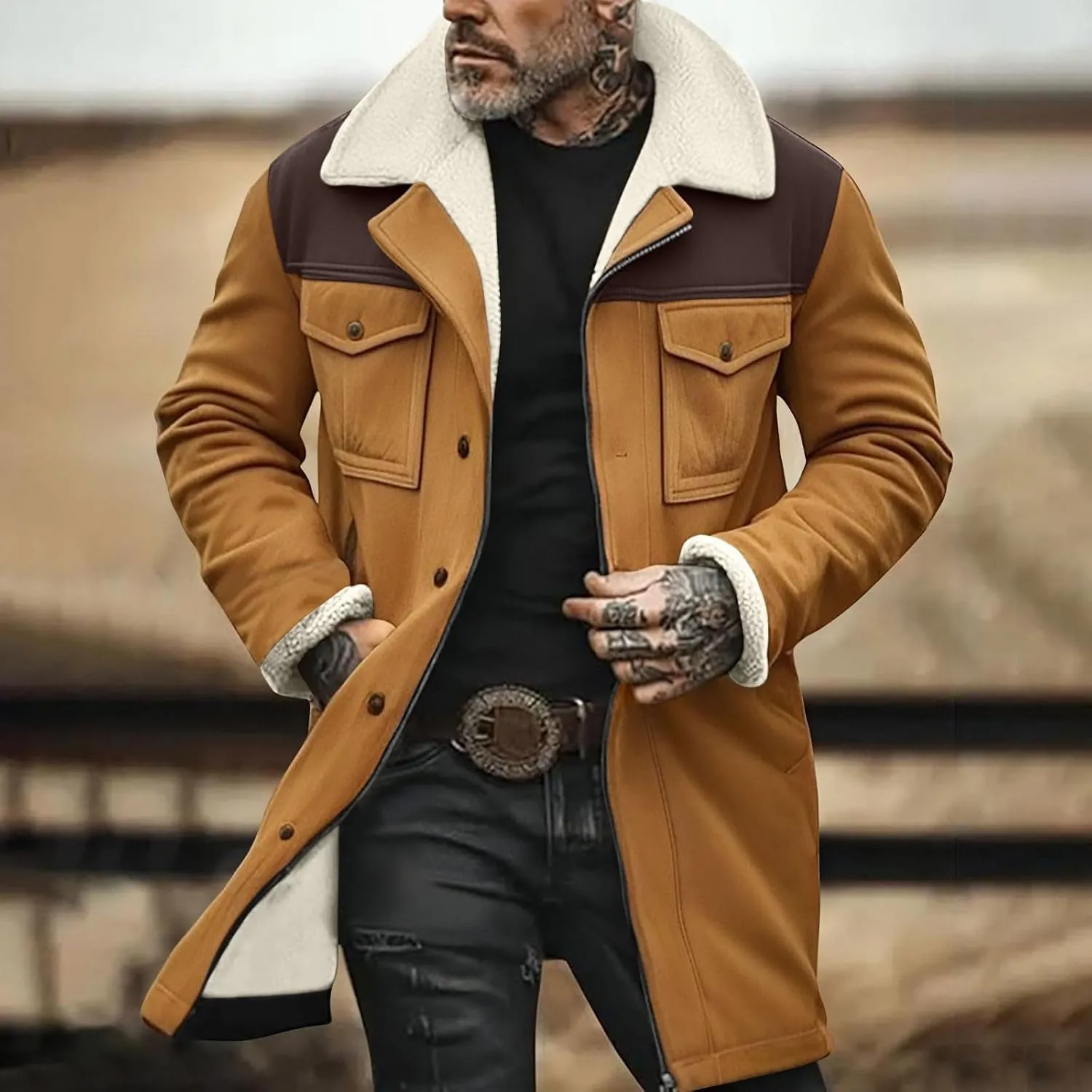 Mens Vintage Suede Pocket Plush Reversed Collar Outdoor Jacket Coat Retro Top Patchwork Suede Trench Coat Winter Biker Coats