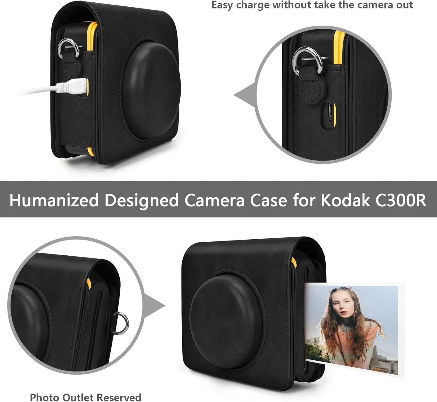 Mini Shot 3 Retro Case, Protective PU Leather Case for Kodak Mini Shot 3 Retro, for Kodak C300R Camera Case with Charging Interface - Retro Black