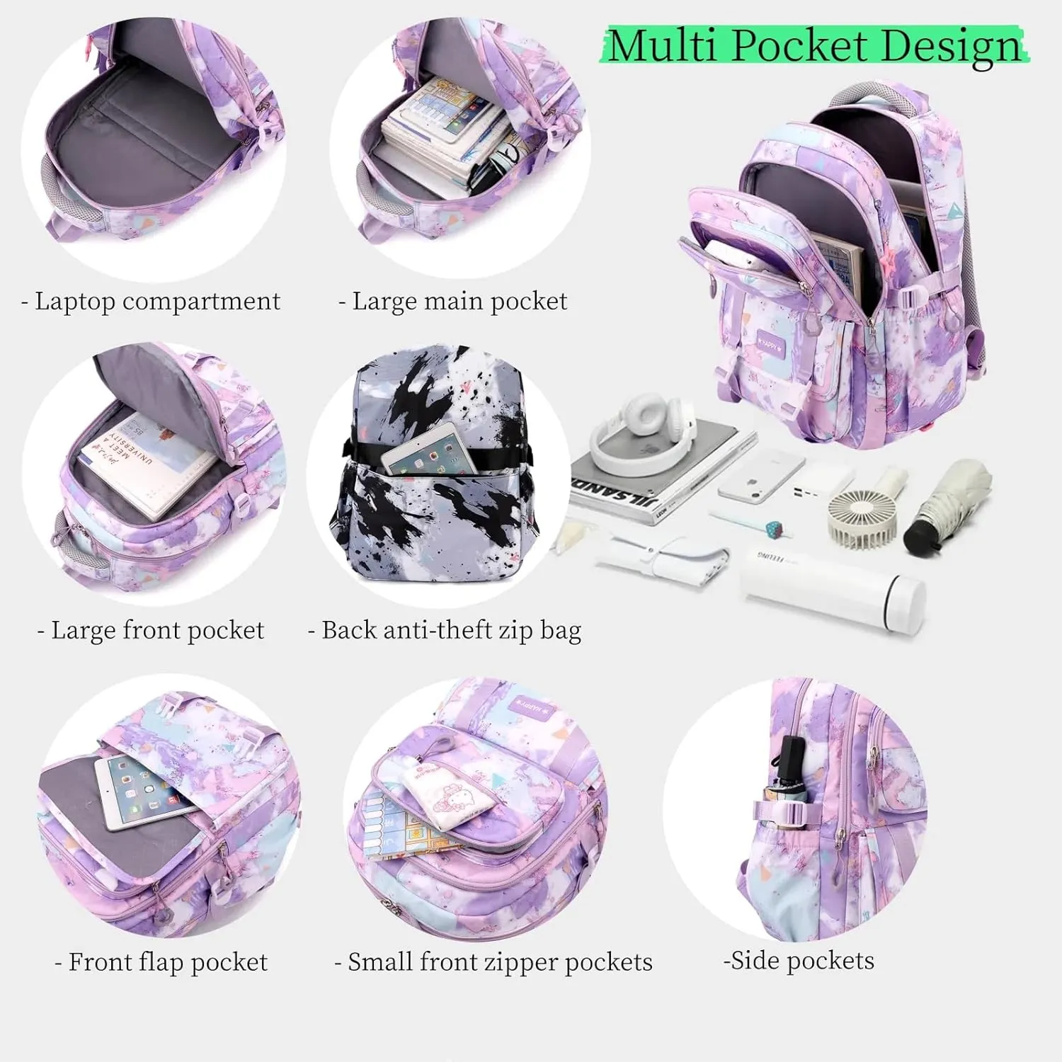 MITOWERMI Purple Backpack for Girls Bookbag Kids School Bags Multi-pocket Girls Backpack for School Elementary Students Schoolbags Teens Back packs (Purple)