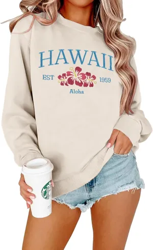 MOUSYA Hawaii Embroidered Sweatshirt Hawaii Aloha State Shirt Vintage 1959 Embroidered Long Sleeve Pullover Top