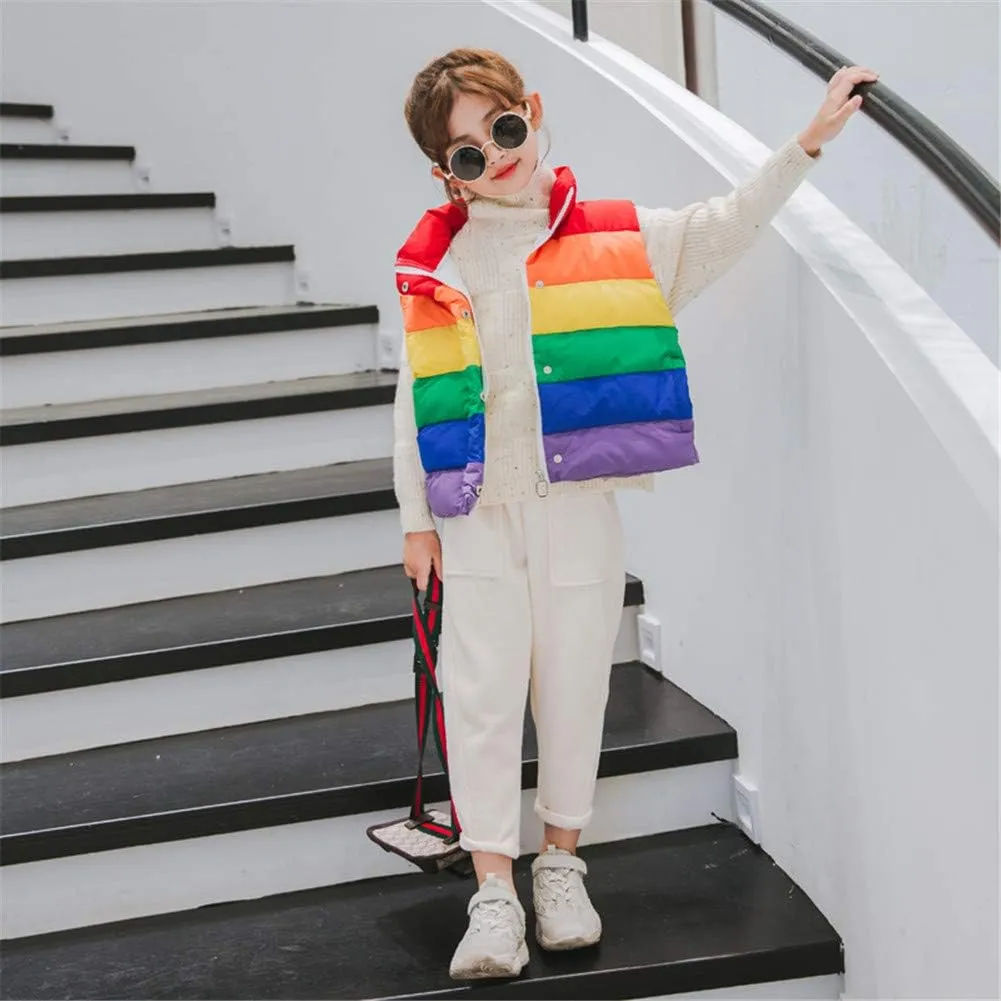 Mud Kingdom Girls Boys Puffer Vest Rainbow Stripes Stand Collar Sleeveless Jacket 2-9 Outerwear Years