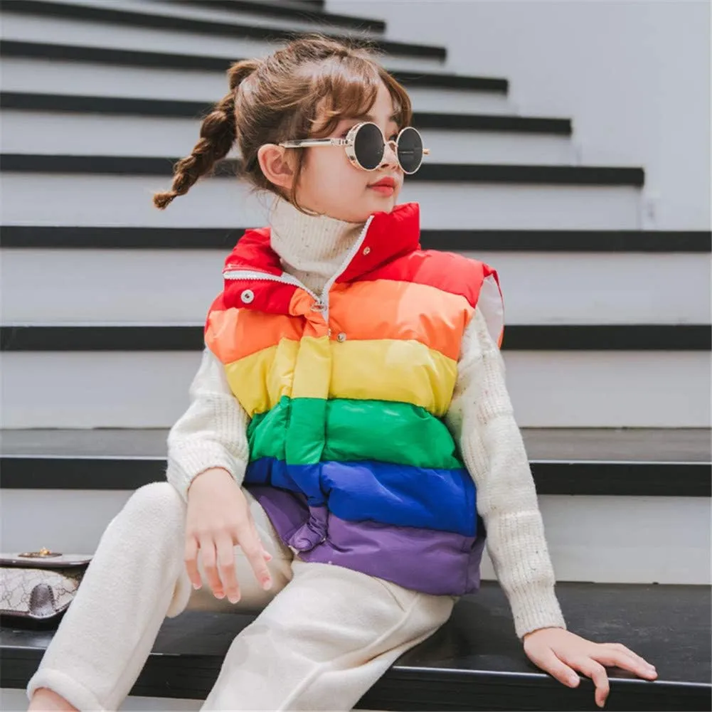Mud Kingdom Girls Boys Puffer Vest Rainbow Stripes Stand Collar Sleeveless Jacket 2-9 Outerwear Years