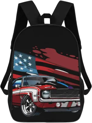 Muscle Car with American Flag Laptop Backpack for Men Women 17 Inch Travel Computer Bag Lightweight Daypack