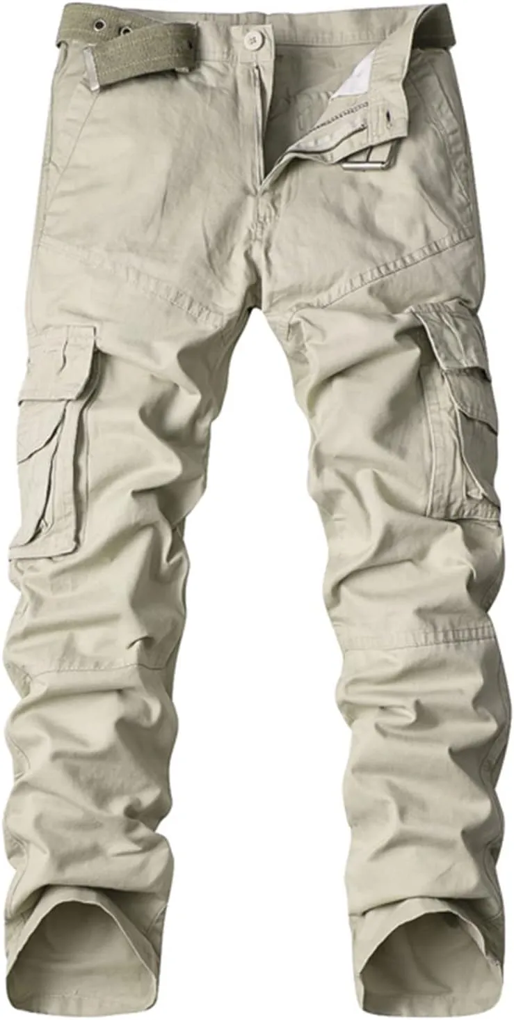 Muscularfit Men's Athletic Pants Cotton Buckle Zipper Solid Cargo Pants Multi Pockets Causal Jogger Yoga Athletic Sweatpants