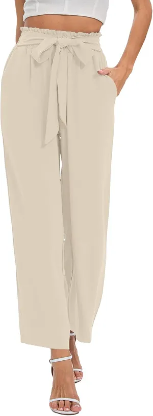 NILOUFO Women's Casual Wide Leg Pants High Waisted Lightweight Loose Long Trousers with Pockets Adjustable Tie Knot