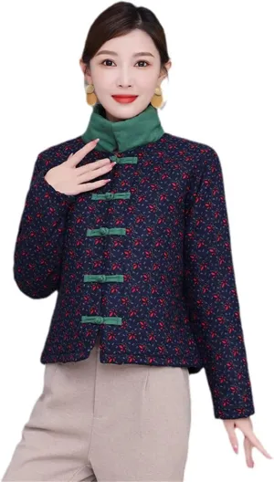 OTFTHPCW Winter Chinese Vintage Tradition Tang Suit Women Loose National Style Padded Jacket Stand Collar Cotton Coat