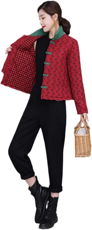 OTFTHPCW Winter Chinese Vintage Tradition Tang Suit Women Loose National Style Padded Jacket Stand Collar Cotton Coat