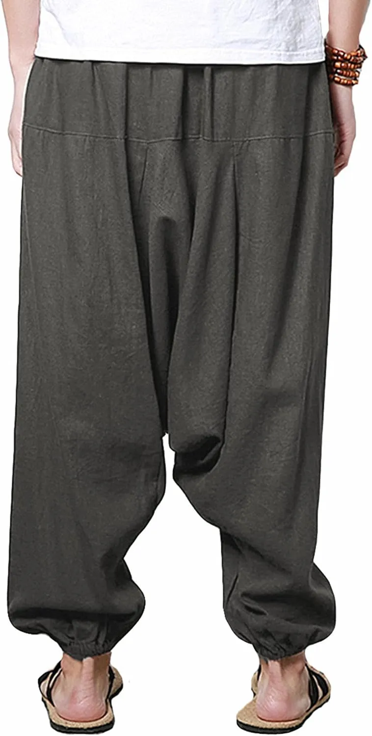 perdontoo Mens Casual Harem Pants Cotton Boho Yoga Hippie Aladdin Summer Beach Drop Crotch Trouser