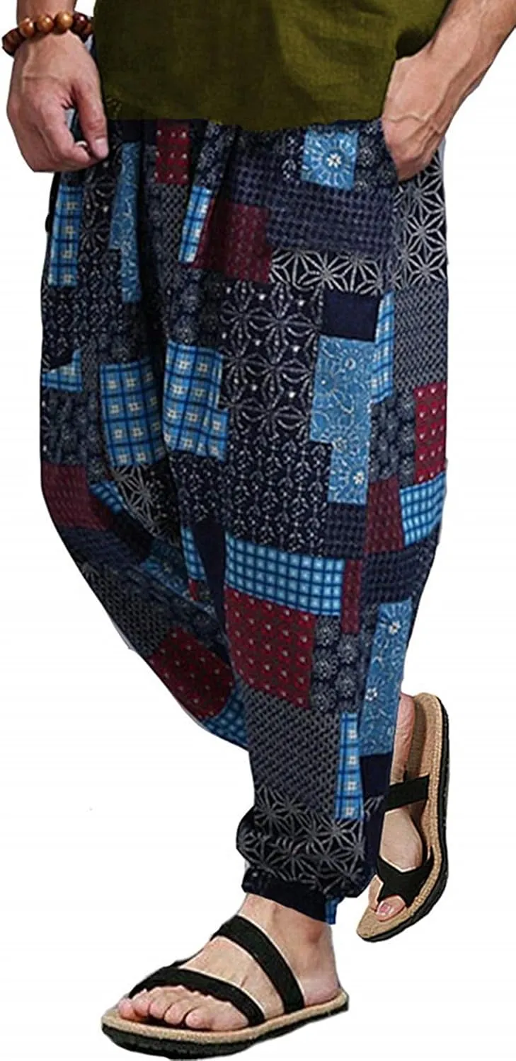 perdontoo Mens Casual Harem Pants Cotton Boho Yoga Hippie Aladdin Summer Beach Drop Crotch Trouser