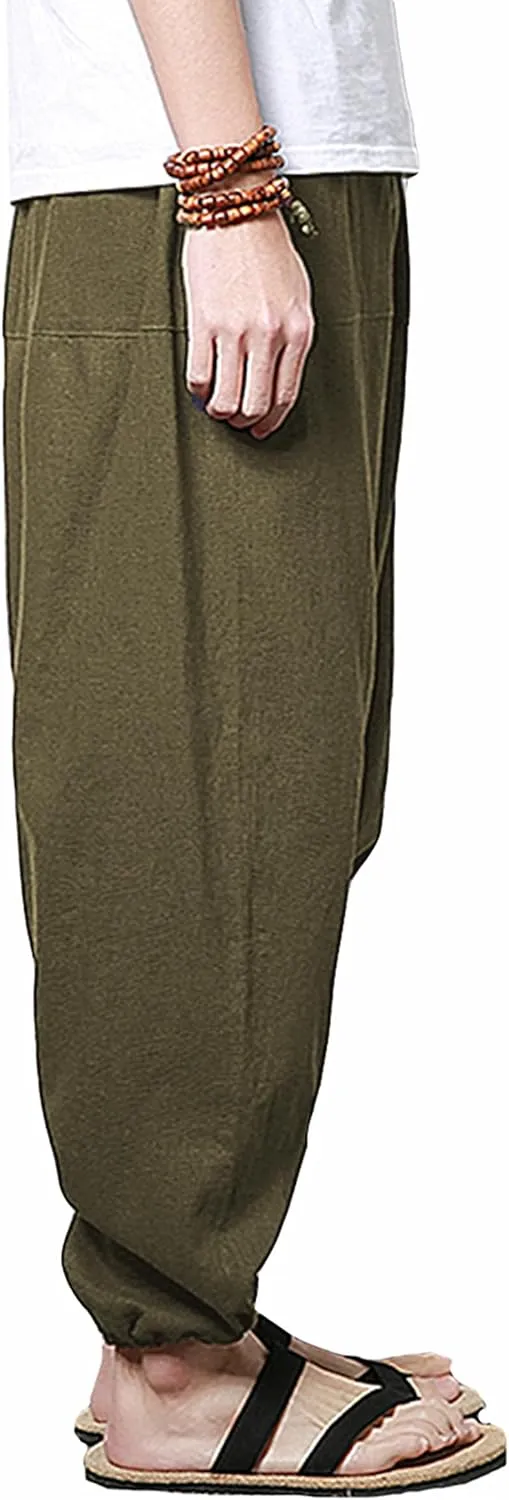perdontoo Mens Casual Harem Pants Cotton Boho Yoga Hippie Aladdin Summer Beach Drop Crotch Trouser