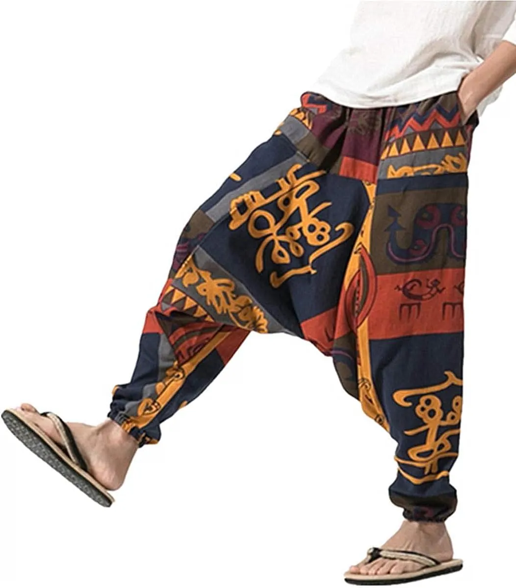 perdontoo Mens Casual Harem Pants Cotton Boho Yoga Hippie Aladdin Summer Beach Drop Crotch Trouser