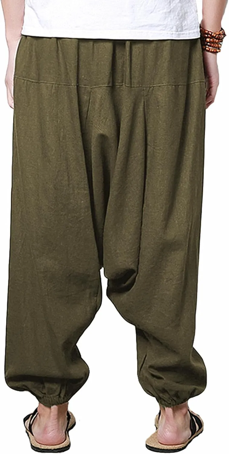 perdontoo Mens Casual Harem Pants Cotton Boho Yoga Hippie Aladdin Summer Beach Drop Crotch Trouser