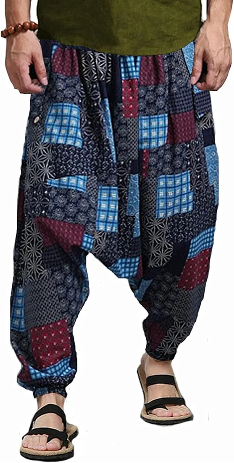perdontoo Mens Casual Harem Pants Cotton Boho Yoga Hippie Aladdin Summer Beach Drop Crotch Trouser