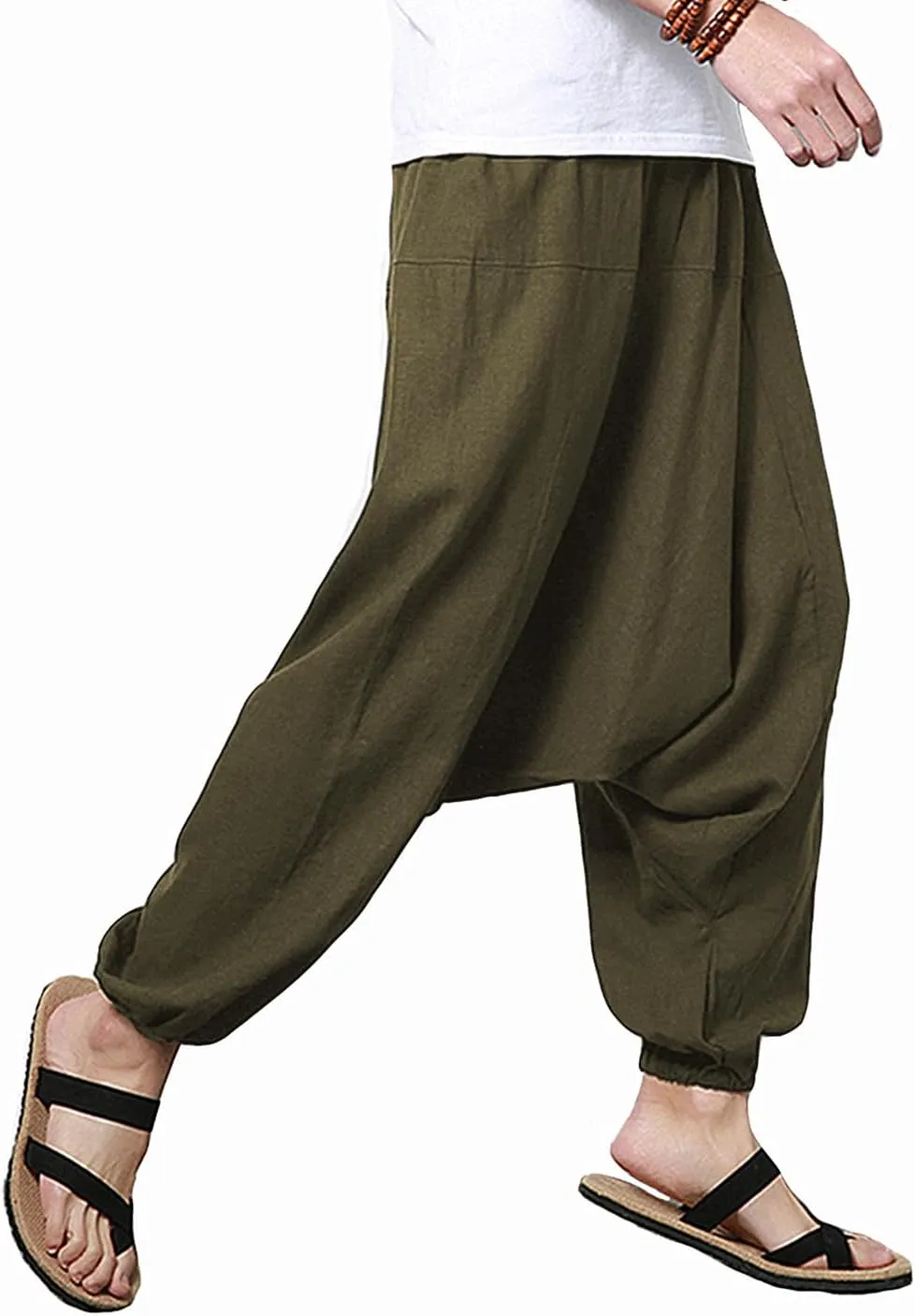perdontoo Mens Casual Harem Pants Cotton Boho Yoga Hippie Aladdin Summer Beach Drop Crotch Trouser