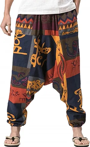 perdontoo Mens Casual Harem Pants Cotton Boho Yoga Hippie Aladdin Summer Beach Drop Crotch Trouser