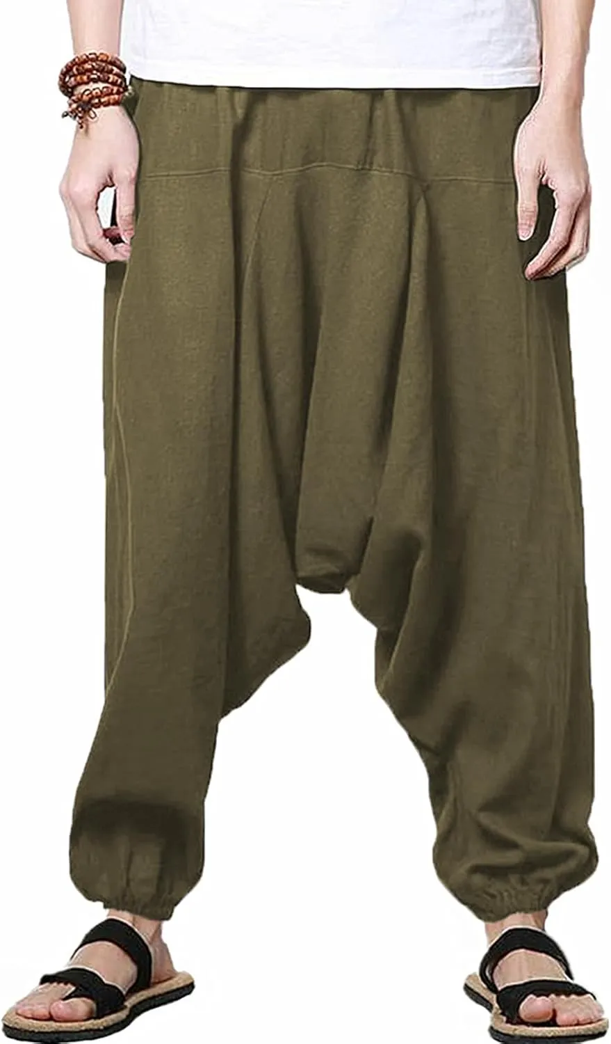 perdontoo Mens Casual Harem Pants Cotton Boho Yoga Hippie Aladdin Summer Beach Drop Crotch Trouser