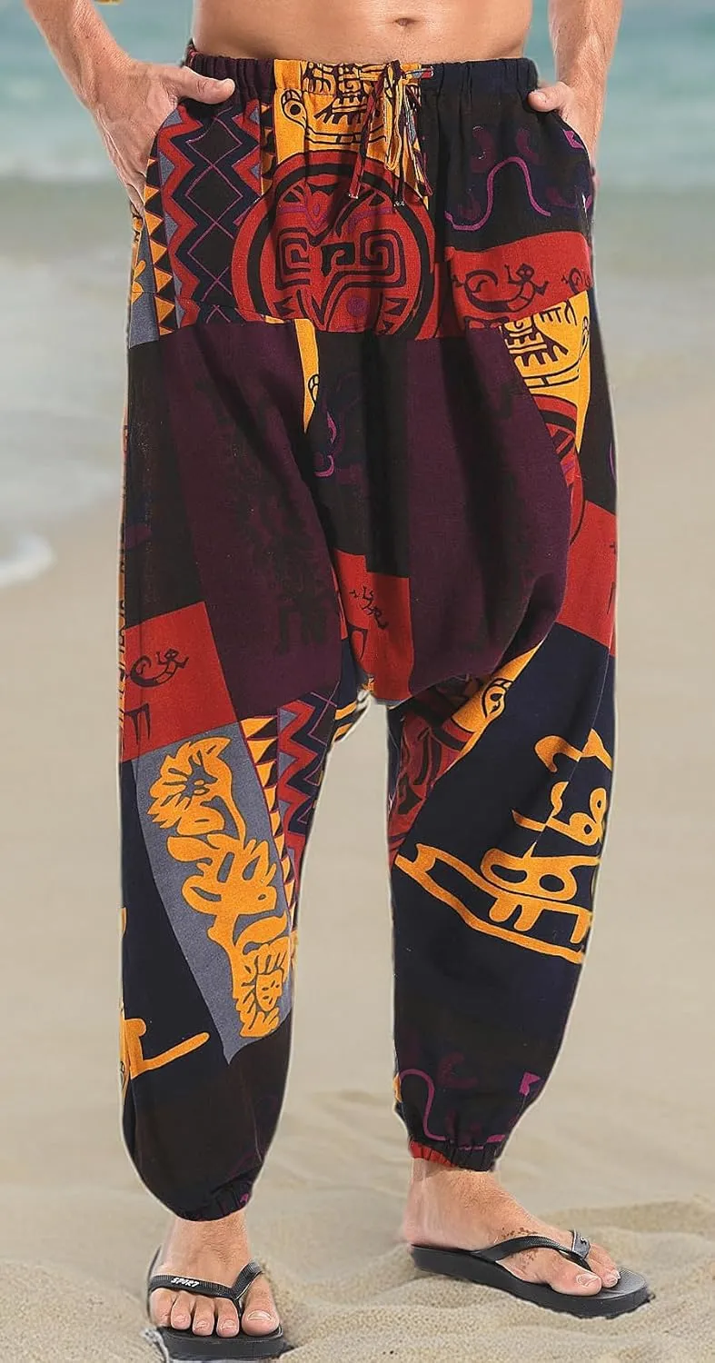 perdontoo Mens Casual Harem Pants Cotton Boho Yoga Hippie Aladdin Summer Beach Drop Crotch Trouser