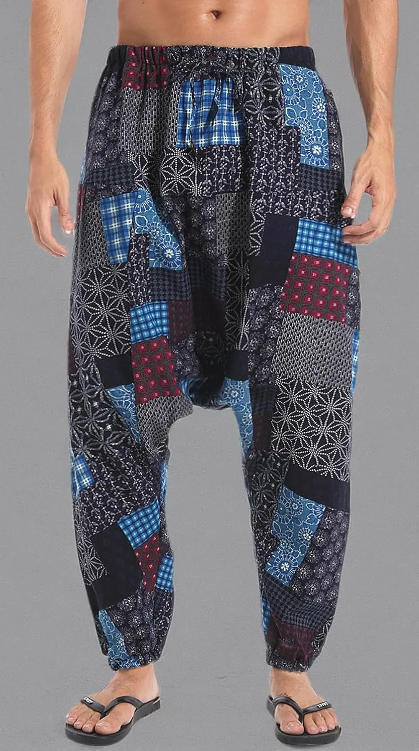 perdontoo Mens Casual Harem Pants Cotton Boho Yoga Hippie Aladdin Summer Beach Drop Crotch Trouser