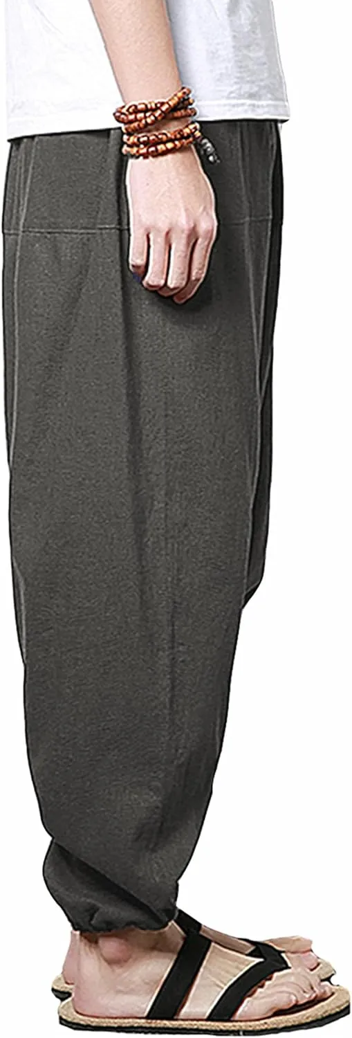 perdontoo Mens Casual Harem Pants Cotton Boho Yoga Hippie Aladdin Summer Beach Drop Crotch Trouser