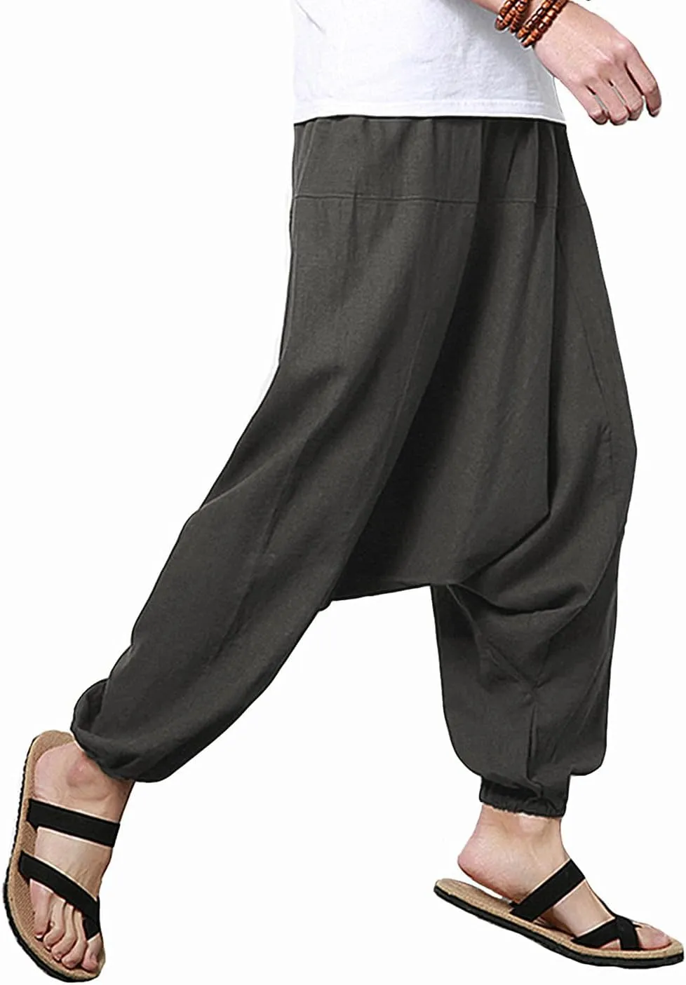 perdontoo Mens Casual Harem Pants Cotton Boho Yoga Hippie Aladdin Summer Beach Drop Crotch Trouser