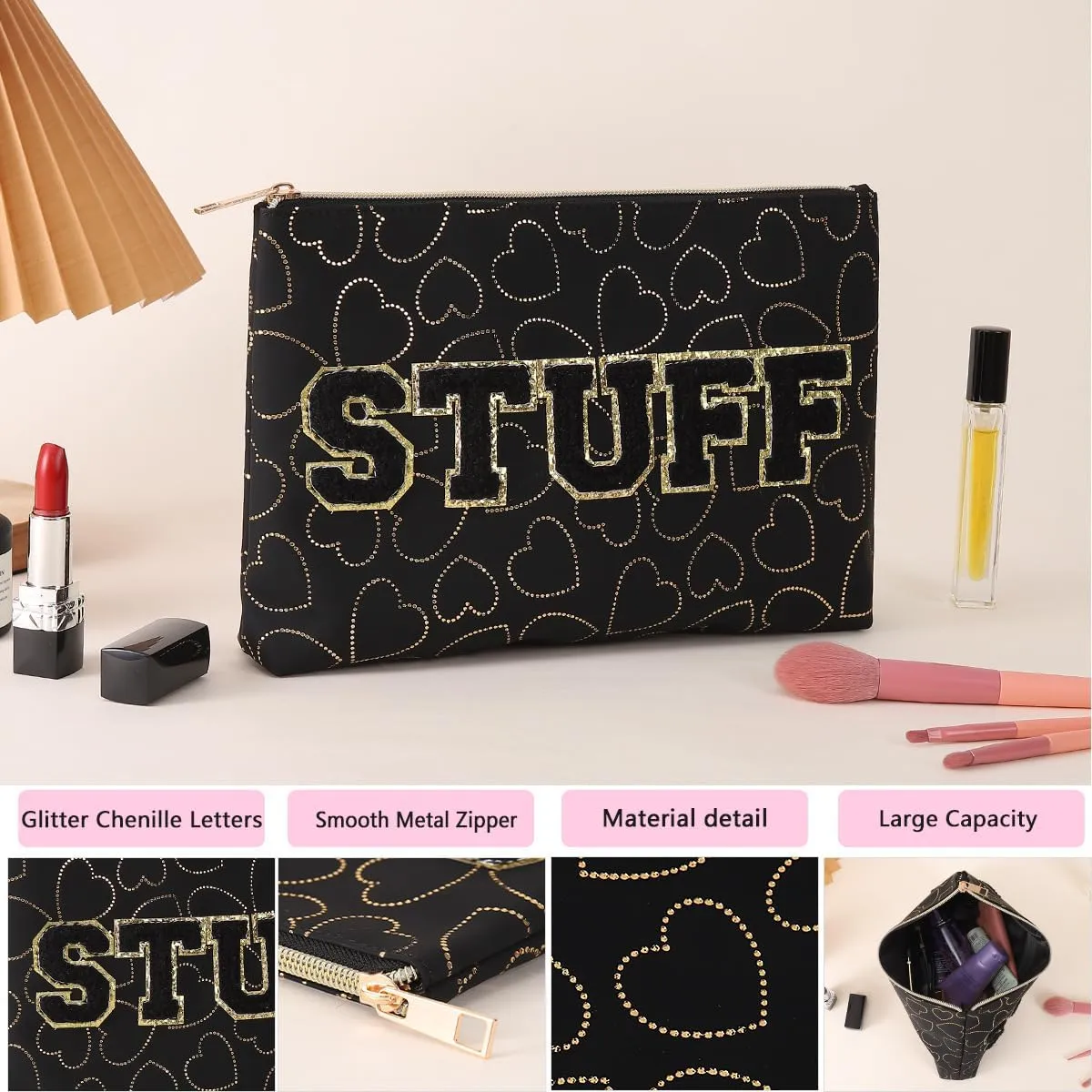 Preppy Patch SKIN STUFF FACE Letter Cosmetic Toiletry Bag PU Leather Portable Makeup Bag Zipper Pouch Storage Purse Waterproof Organizer Gift for Women Teen Girls Daily Travel Essentials (Black)