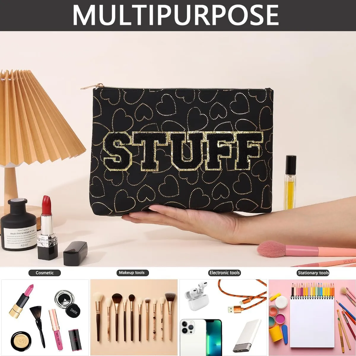 Preppy Patch SKIN STUFF FACE Letter Cosmetic Toiletry Bag PU Leather Portable Makeup Bag Zipper Pouch Storage Purse Waterproof Organizer Gift for Women Teen Girls Daily Travel Essentials (Black)