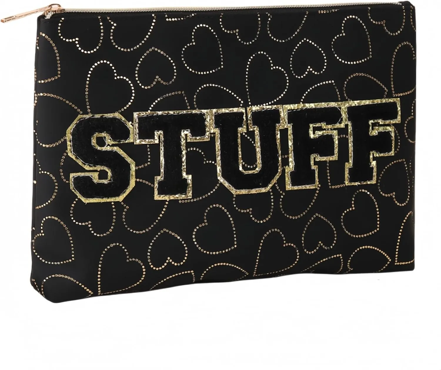 Preppy Patch SKIN STUFF FACE Letter Cosmetic Toiletry Bag PU Leather Portable Makeup Bag Zipper Pouch Storage Purse Waterproof Organizer Gift for Women Teen Girls Daily Travel Essentials (Black)