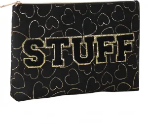 Preppy Patch SKIN STUFF FACE Letter Cosmetic Toiletry Bag PU Leather Portable Makeup Bag Zipper Pouch Storage Purse Waterproof Organizer Gift for Women Teen Girls Daily Travel Essentials (Black)