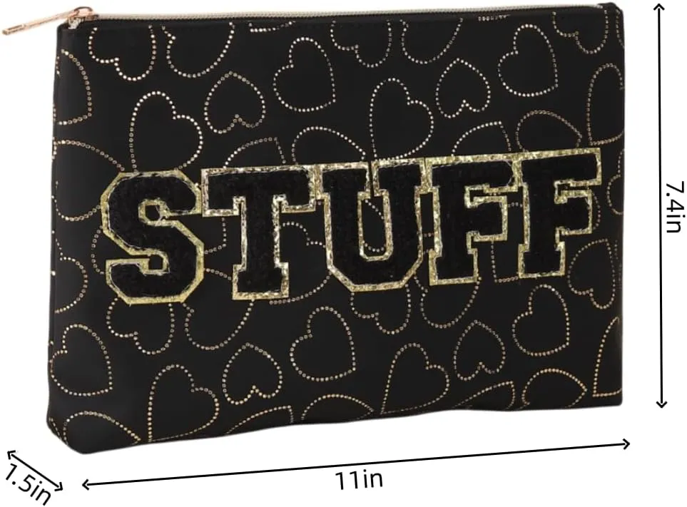 Preppy Patch SKIN STUFF FACE Letter Cosmetic Toiletry Bag PU Leather Portable Makeup Bag Zipper Pouch Storage Purse Waterproof Organizer Gift for Women Teen Girls Daily Travel Essentials (Black)
