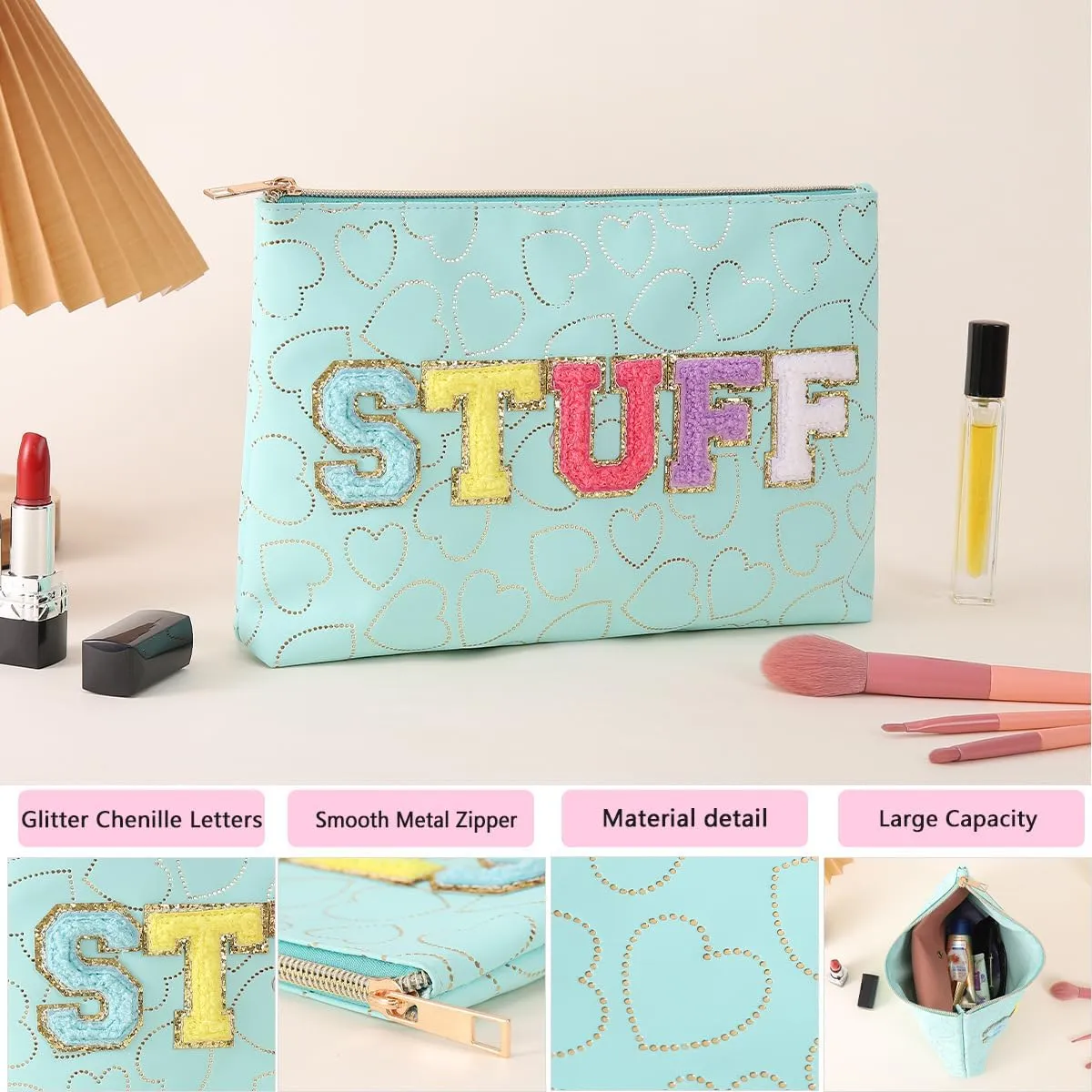 Preppy Patch SKIN STUFF FACE Letter Cosmetic Toiletry Bag PU Leather Portable Makeup Bag Zipper Pouch Storage Purse Waterproof Organizer Gift for Women Teen Girls Daily Travel Essentials (Blue)