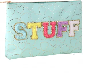 Preppy Patch SKIN STUFF FACE Letter Cosmetic Toiletry Bag PU Leather Portable Makeup Bag Zipper Pouch Storage Purse Waterproof Organizer Gift for Women Teen Girls Daily Travel Essentials (Blue)