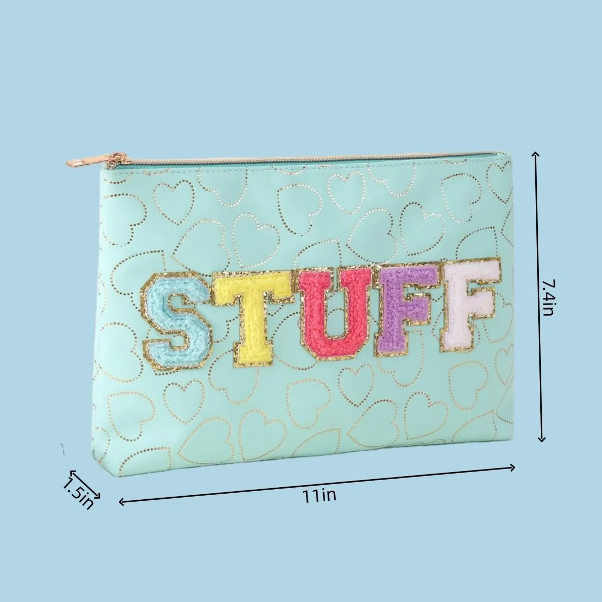 Preppy Patch SKIN STUFF FACE Letter Cosmetic Toiletry Bag PU Leather Portable Makeup Bag Zipper Pouch Storage Purse Waterproof Organizer Gift for Women Teen Girls Daily Travel Essentials (Blue)