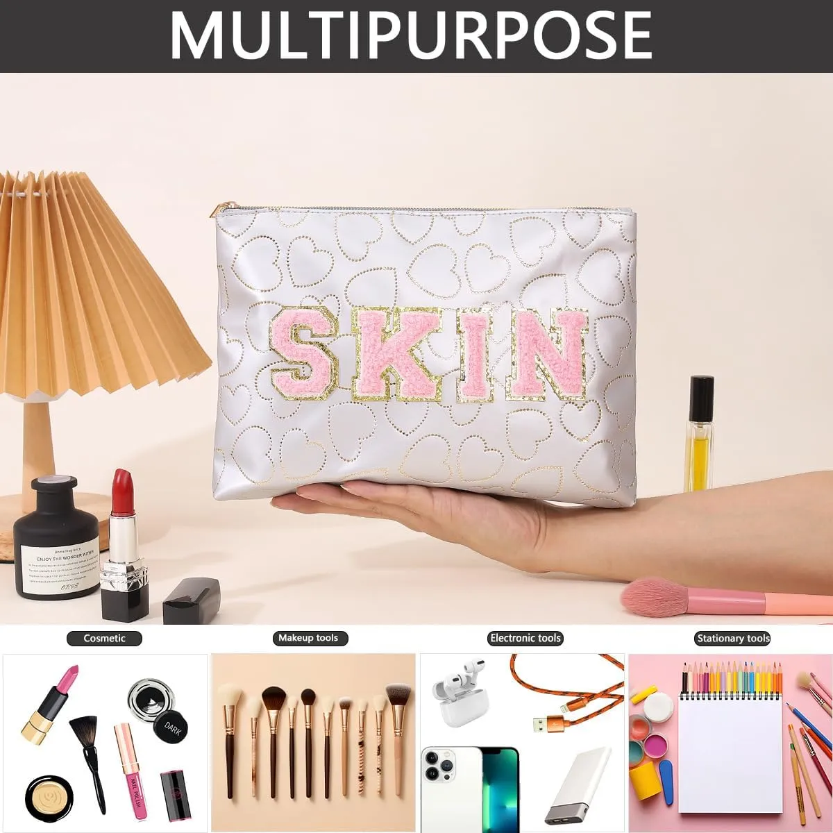Preppy Patch SKIN STUFF FACE Letter Cosmetic Toiletry Bag PU Leather Portable Makeup Bag Zipper Pouch Storage Purse Waterproof Organizer Gift for Women Teen Girls Daily Travel Essentials (Grey)