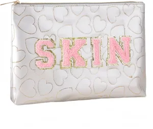 Preppy Patch SKIN STUFF FACE Letter Cosmetic Toiletry Bag PU Leather Portable Makeup Bag Zipper Pouch Storage Purse Waterproof Organizer Gift for Women Teen Girls Daily Travel Essentials (Grey)