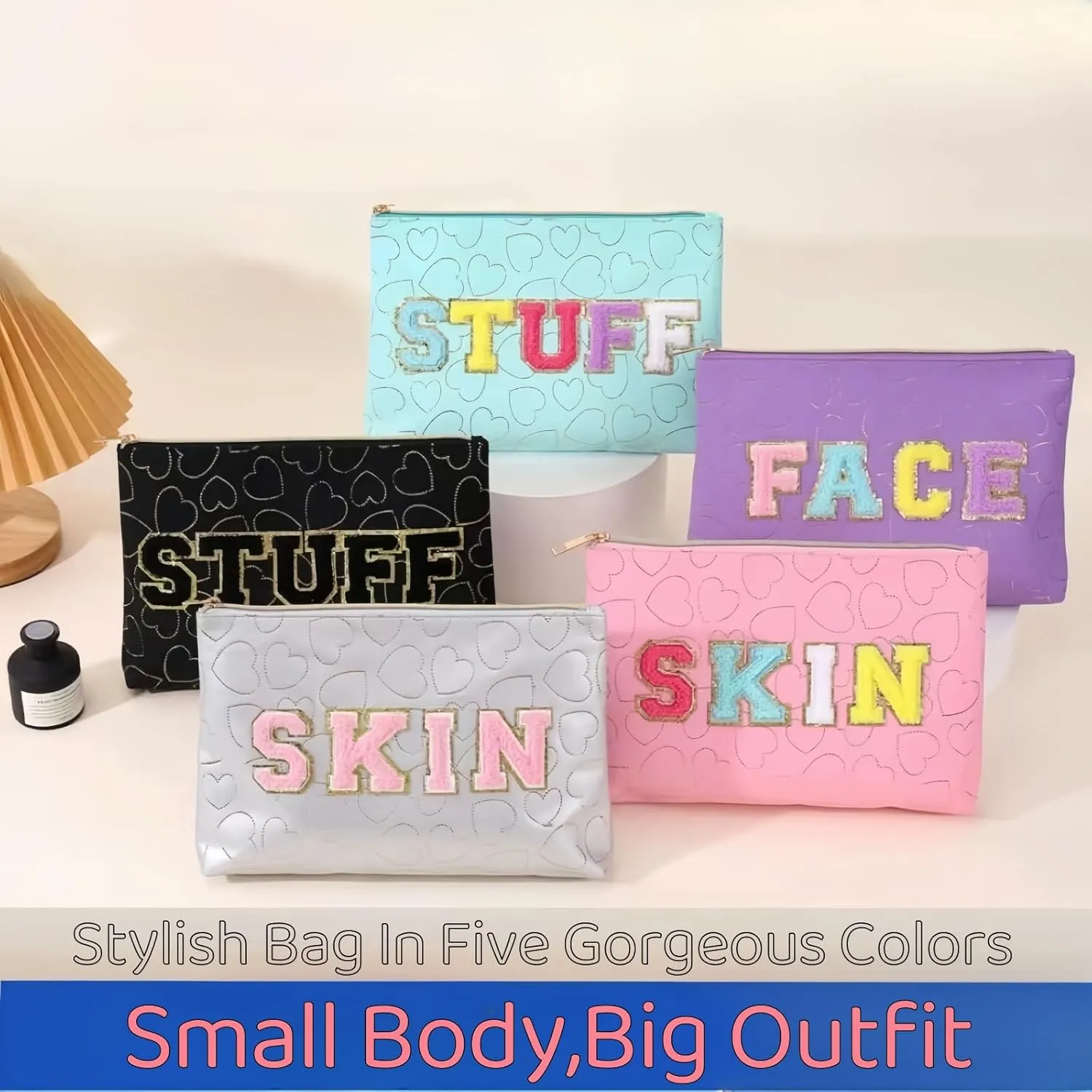 Preppy Patch SKIN STUFF FACE Letter Cosmetic Toiletry Bag PU Leather Portable Makeup Bag Zipper Pouch Storage Purse Waterproof Organizer Gift for Women Teen Girls Daily Travel Essentials (Grey)
