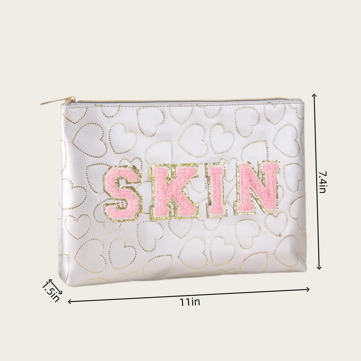 Preppy Patch SKIN STUFF FACE Letter Cosmetic Toiletry Bag PU Leather Portable Makeup Bag Zipper Pouch Storage Purse Waterproof Organizer Gift for Women Teen Girls Daily Travel Essentials (Grey)