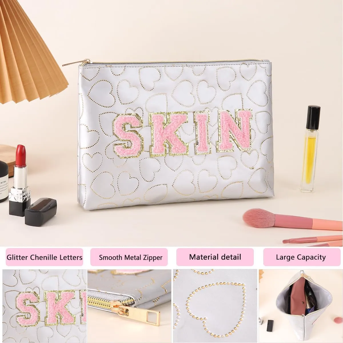 Preppy Patch SKIN STUFF FACE Letter Cosmetic Toiletry Bag PU Leather Portable Makeup Bag Zipper Pouch Storage Purse Waterproof Organizer Gift for Women Teen Girls Daily Travel Essentials (Grey)