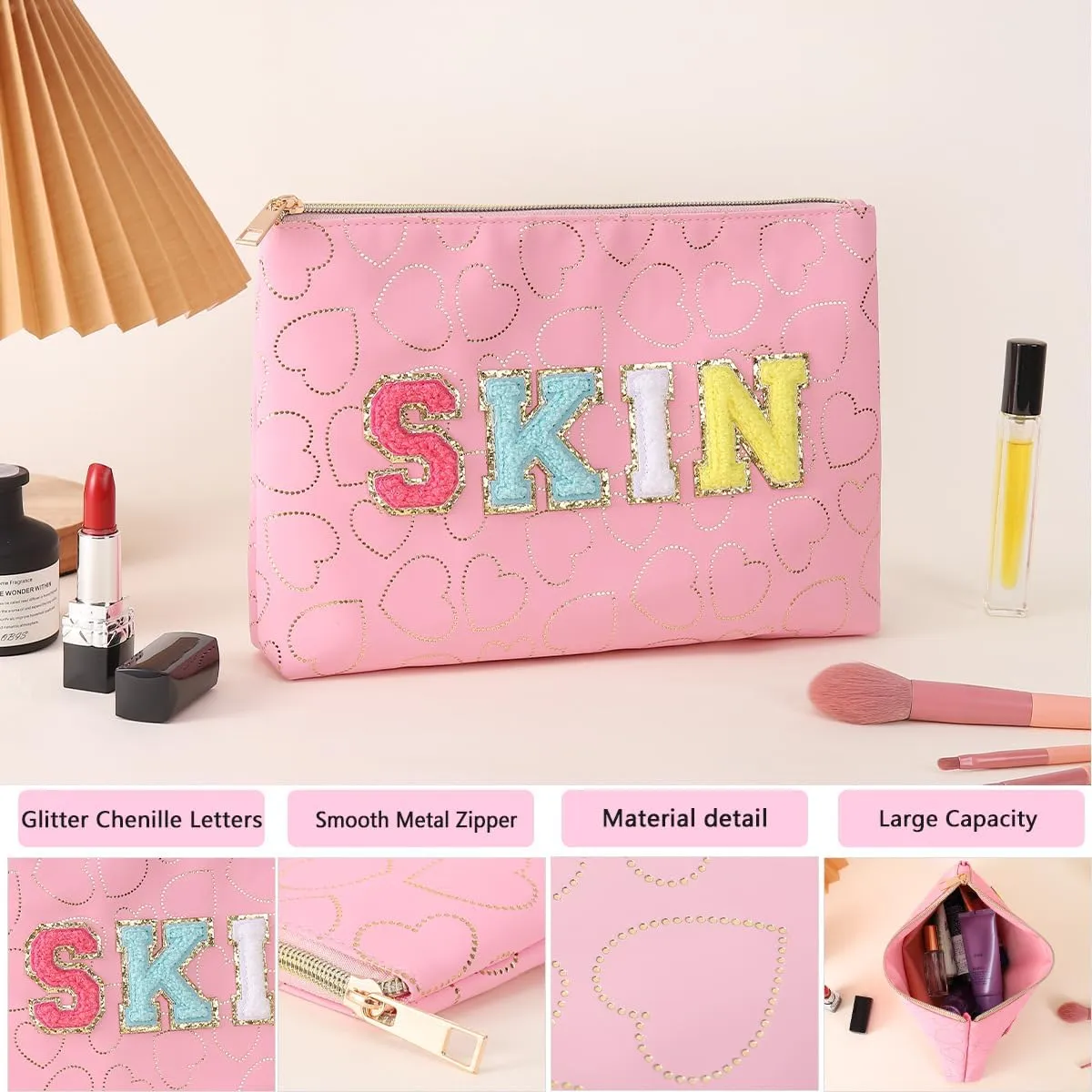 Preppy Patch SKIN STUFF FACE Letter Cosmetic Toiletry Bag PU Leather Portable Makeup Bag Zipper Pouch Storage Purse Waterproof Organizer Gift for Women Teen Girls Daily Travel Essentials (Pink)