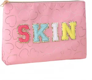 Preppy Patch SKIN STUFF FACE Letter Cosmetic Toiletry Bag PU Leather Portable Makeup Bag Zipper Pouch Storage Purse Waterproof Organizer Gift for Women Teen Girls Daily Travel Essentials (Pink)