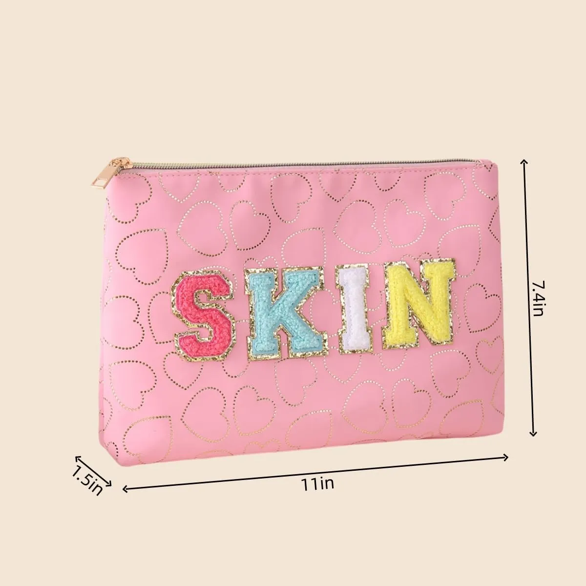 Preppy Patch SKIN STUFF FACE Letter Cosmetic Toiletry Bag PU Leather Portable Makeup Bag Zipper Pouch Storage Purse Waterproof Organizer Gift for Women Teen Girls Daily Travel Essentials (Pink)